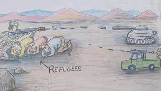 This drawing by a migrant artist nicknamed Aser depicts refugees in Libya. The refugees are trapped in the fighting between forces of military commander Khalifa Hifter and militias allied with the UN-supported government in Tripoli. 