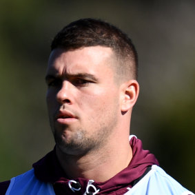 Darcy Lussick at training with Manly Sea Eagles in 2017.