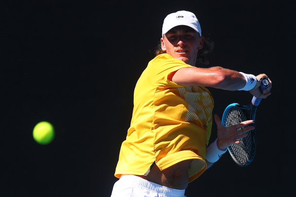 Max Purcell during his victory over Russia’s Evgeny Donskoy in Australian Open qualifying on Monday.