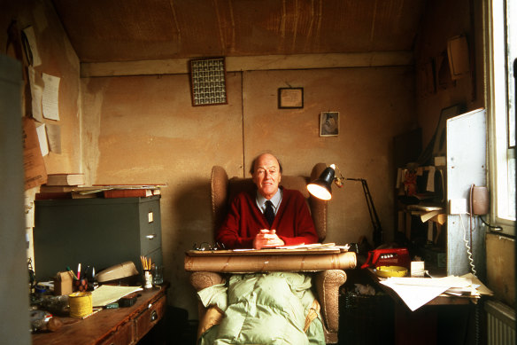 Roald Dahl in the converted hut where he did much of his writing.