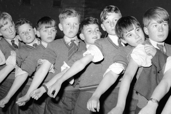 Pupils at Scotch College in Melbourne lining up for Salk vaccine injections for polio.