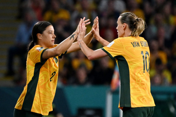 Emily van Egmond with Sam Kerr during the Matildas’ World Cup quarter-final win over France in Brisbane.
