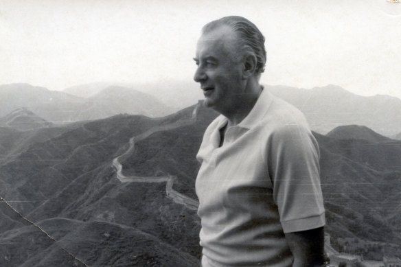 Gough Whitlam on the Great Wall of China in 1971, as leader of the opposition a year before his government formally recognised and established diplomatic relations with the People’s Republic of China, through the signing of a joint communiqué by the Australian and PRC ambassadors in Paris.