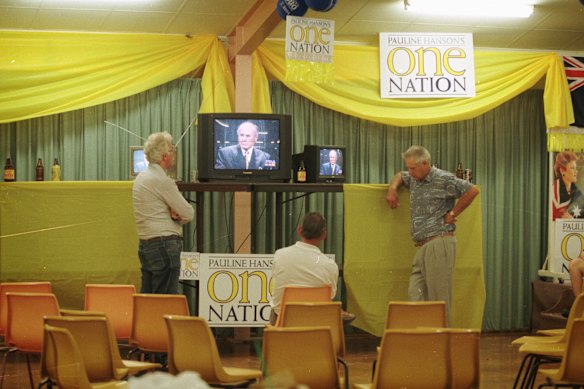 The remaining One Nation supporters watch John Howard’s victory speech in 1998, after Pauline Hanson’s defeat and departure.