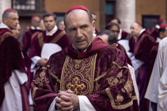 Ralph Fiennes as Cardinal Thomas Lawrence in the film Conclave.