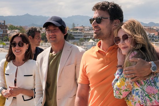 Aubrey Plaza, Will Sharpe, Theo James and Meghann Fahy in The White Lotus.