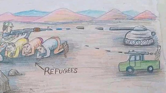 This drawing by a migrant artist nicknamed Aser, provided in 2019, depicts refugees in Libya who are trapped in the fighting between forces of military commander Khalifa Hifter and militias allied with the UN-supported government in Tripoli. 
