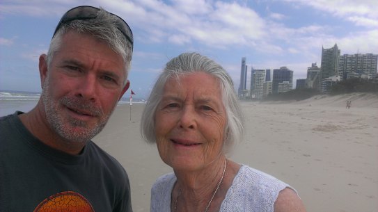 Rolf Forster from Melbourne with his mother Janet who is now in a nursing home in Queensland. He fears he will not get to see her again because of state border closures.
