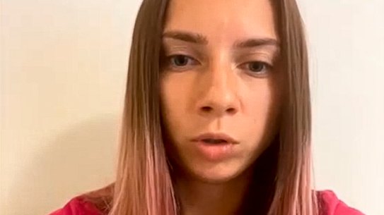 Belarus Olympic sprinter Krystsina Tsimanouskaya speaks during a video interview with the Associated Press in Japan on Tuesday.