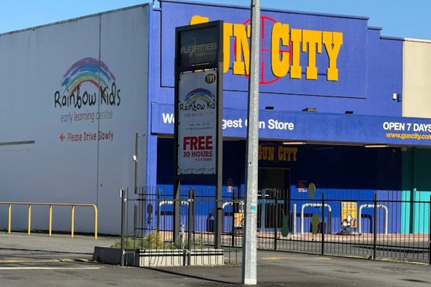 Gun City store and Rainbow Kids Early Learning Centre on Anglesea St, Hamilton.