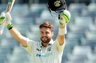 Josh Inglis celebrating a century during day two of the Sheffield Shield match. 