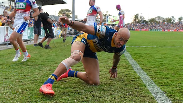 Blake Ferguson celebrates one of his two tries.
