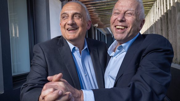 Mario Verrocchi and Jack Gance celebrate after the listing of Chemist Warehouse.