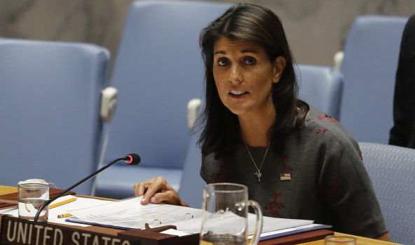 United States ambassador to the UN Nikki Haley at the United Nations. 