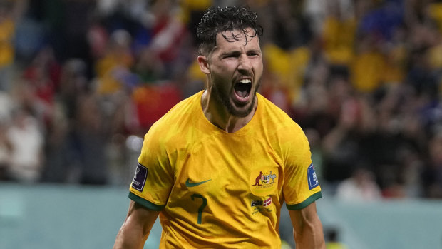 Mathew Leckie rejoices as he scores the winner against Denmark at the 2022 World Cup.