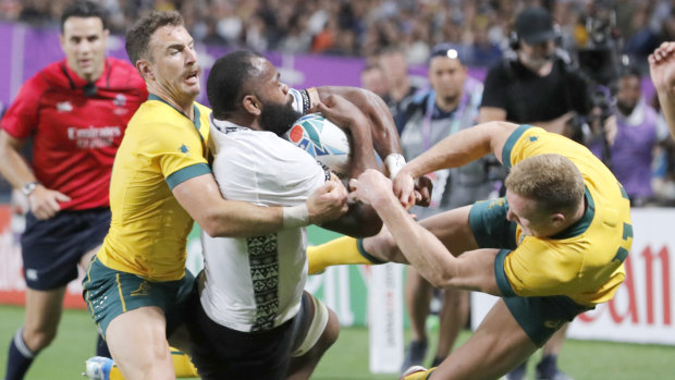 Reece Hodge bounces off Fiji's Peceli Yato following the tackle on Saturday which has seen him banned for three weeks.
