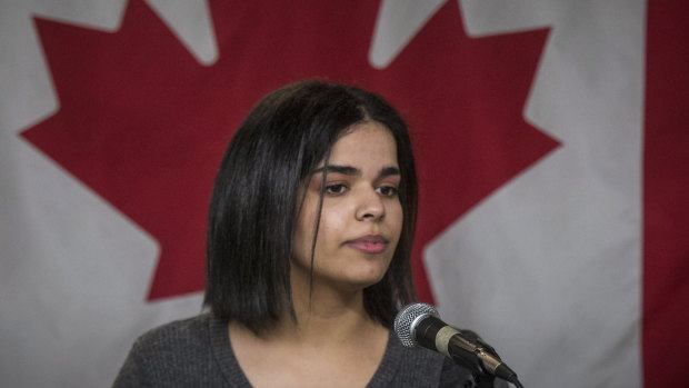 Rahaf Mohammed Alqunun makes a public statement in Toronto where she has been granted asylum.
