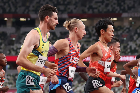 Patrick Tiernan (left) in the men’s 10,000 on Friday night.