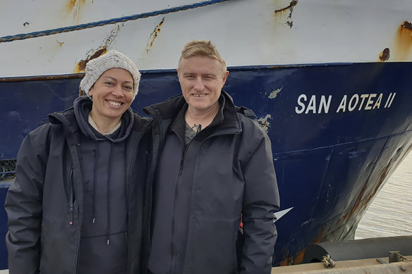 Feeonaa and Neville Clifton by the San Aotea II fishing boat in the Falkland Islands before their departure.