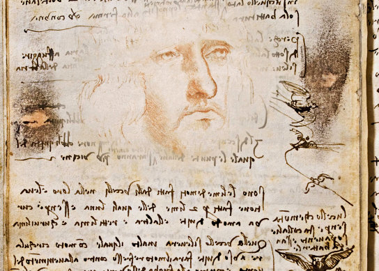A sketch obscured by handwriting for five centuries in one of Leonardo da Vinci’s notebooks. His handwriting was deplorable.
