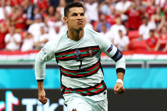 Cristiano Ronaldo celebrates scoring Portugal’s second goal in Budapest.