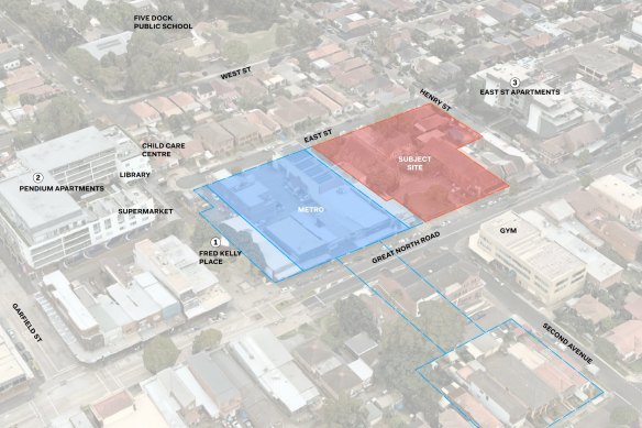 A map showing the church-owned site in Five Dock town centre, next to the under-construction Metro West station.