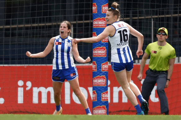 Bella Eddey and Tahlia Randall celebrate a goal.