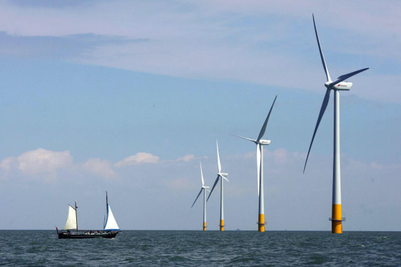A wind farm off the coast of Whitstable on the north Kent coast in England.
