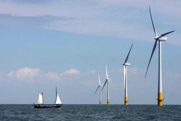 A wind farm off the coast of Whitstable on the north Kent coast in England.