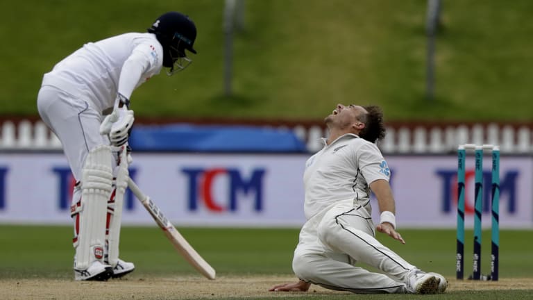 Moment of pain: New Zealand quick Tim Southee reacts after a fall.