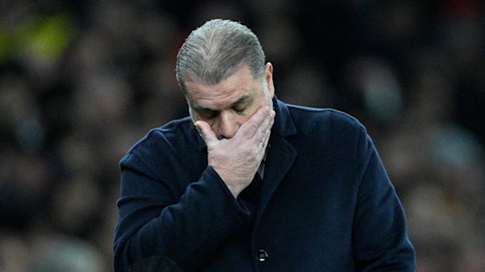 Tottenham manager Ange Postecoglou reacts after Manchester City take the lead in their FA Cup clash.