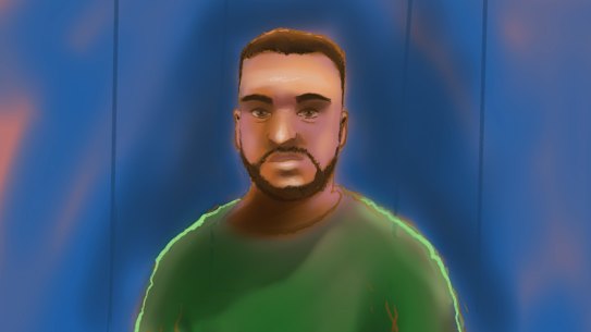 A court sketch of Naveed Akram at a court appearance in February.