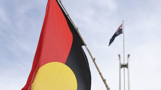An Aboriginal flag is displayed at Parliament House in Canberra.
