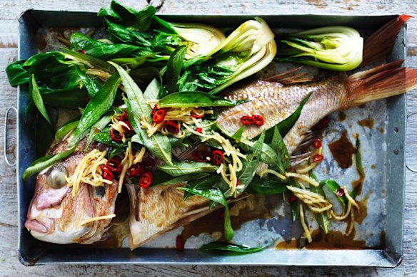 Steamed snapper with fried ginger, chilli and Vietnamese mint.
