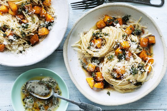 Spaghetti with pumpkin, thyme and brown butter.