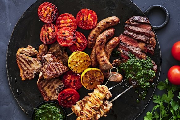 Mixed grill with salsa verde.