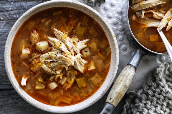 Whole chicken and vegetable soup.