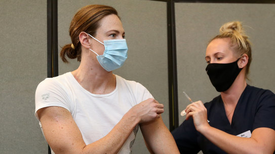 Cate Campbell receives her vaccination on Monday.
