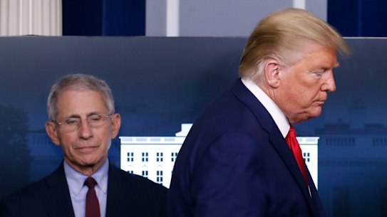 Dr Anthony Fauci, director of the National Institute of Allergy and Infectious Diseases, at a briefing last month with President Donald Trump.