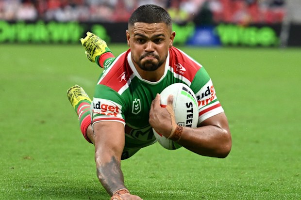 Latrell Mitchell scoring a try against the Dolphins.