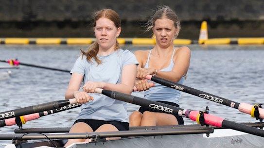 Josie Lehmann and Isla Eade train in Blackwattle Bay.