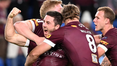 Ben Hunt celebrates one of his two tries on Wednesday night.