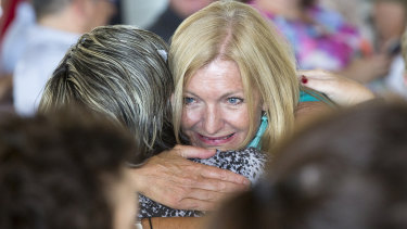 Fiona Patten celebrates with supporters on Tuesday afternoon.