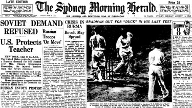 The front page of the Herald from August 16, 1948, carrying the news that Don Bradman was out for a duck in his final Test at The Oval.