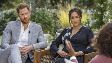 Prince Harry and Meghan during their interview with Oprah Winfrey.