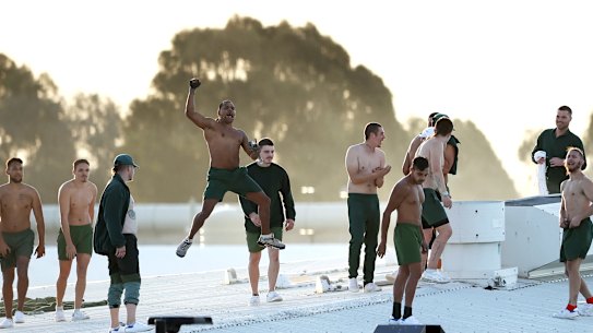 Prison inmates are seen on the roof of Parklea Correctional Centre on Monday afternoon.