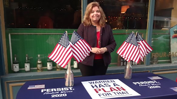 Andrea Halloran, a volunteer for Elizabeth Warren's campaign in New York, organised at a happy hour event she organised in the West Village. 