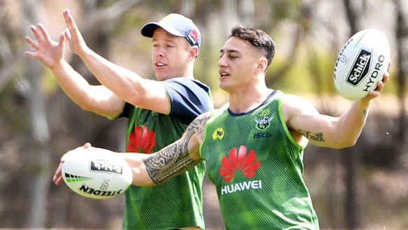 Charnze Nicoll-Klokstad, right, with Sam Williams at training.