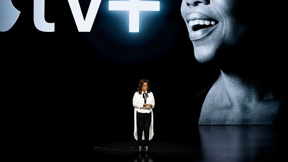 Oprah Winfrey speaking at the launch of Apple TV+ in Cupertino, California.
