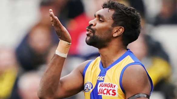 Liam Ryan celebrates a goal with a kiss.